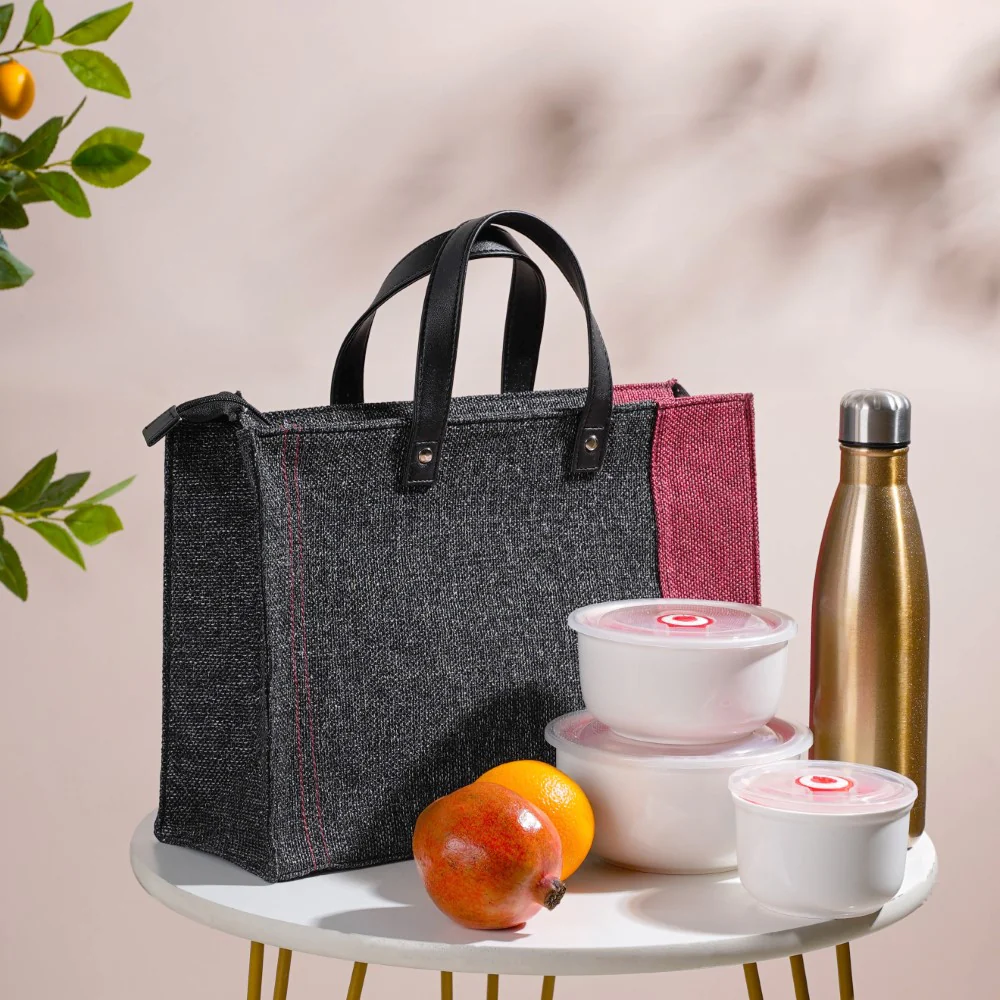 Eco Friendly Jute Lunch Bag Black And Red 15 x 10 Inch - Image 4