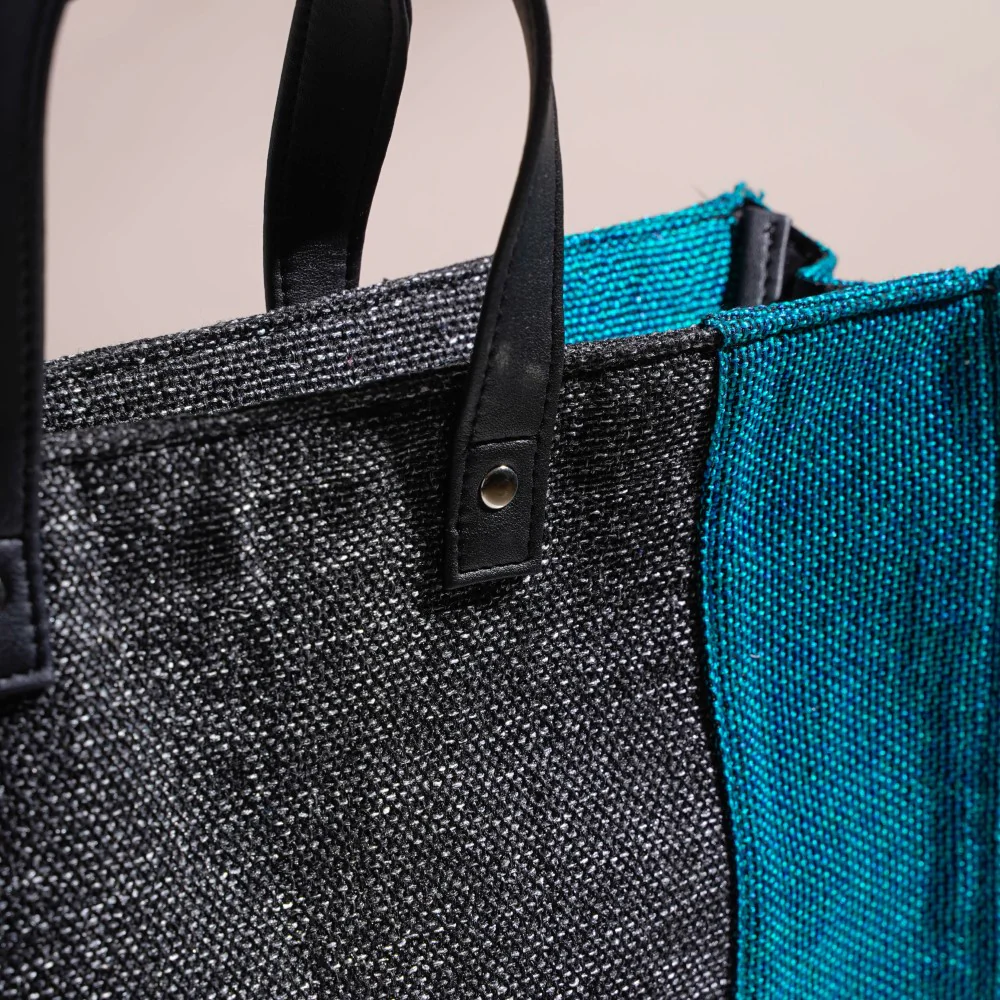 Eco Friendly Jute Lunch Bag Black And Teal 15 x 10 Inch - Image 15