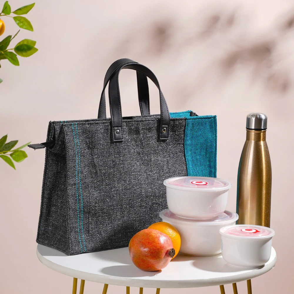 Eco Friendly Jute Lunch Bag Black And Teal 15 x 10 Inch - Image 3