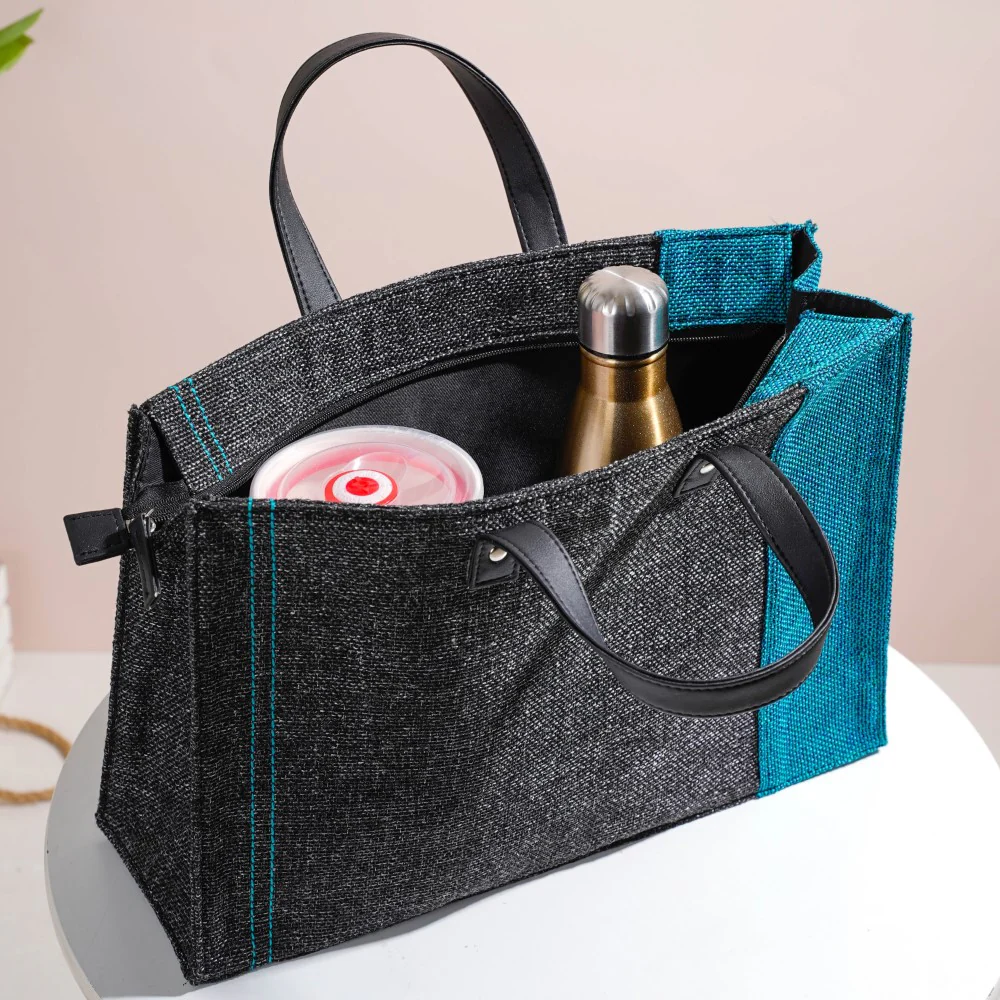 Eco Friendly Jute Lunch Bag Black And Teal 15 x 10 Inch - Image 4
