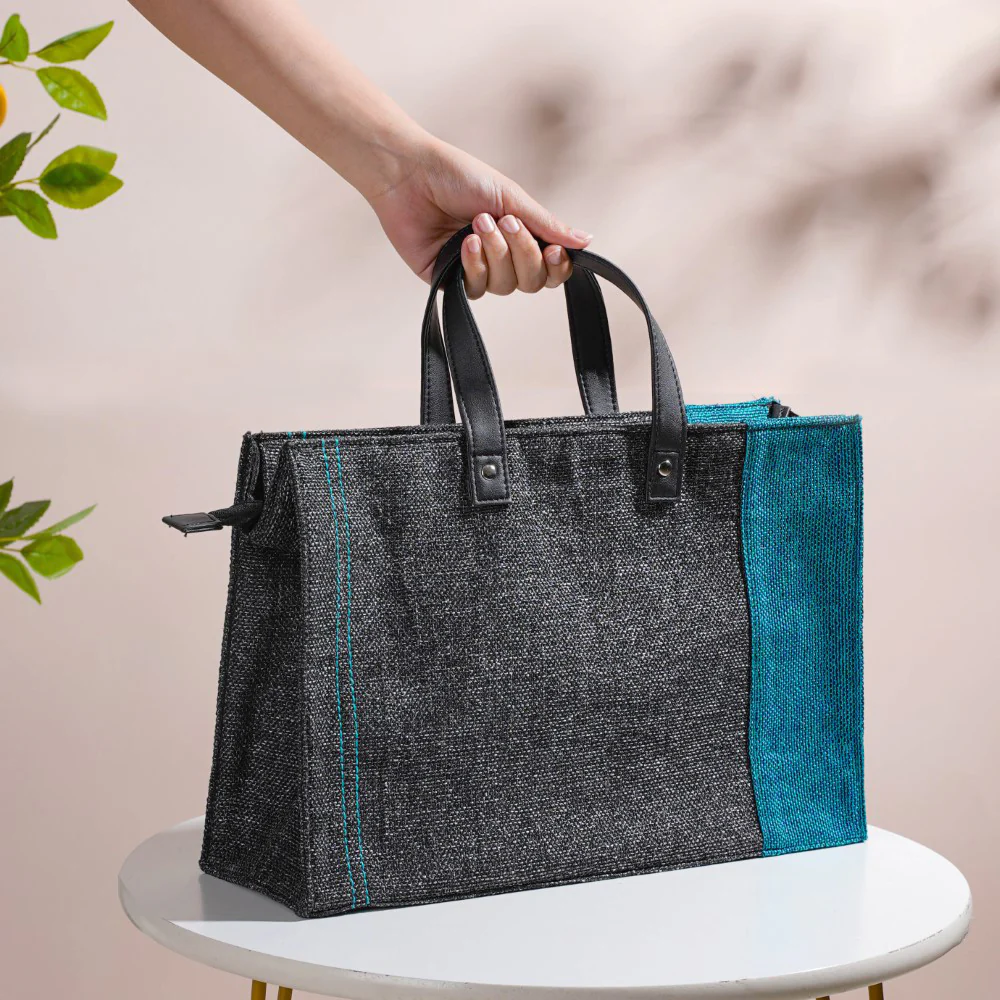 Eco Friendly Jute Lunch Bag Black And Teal 15 x 10 Inch - Image 9