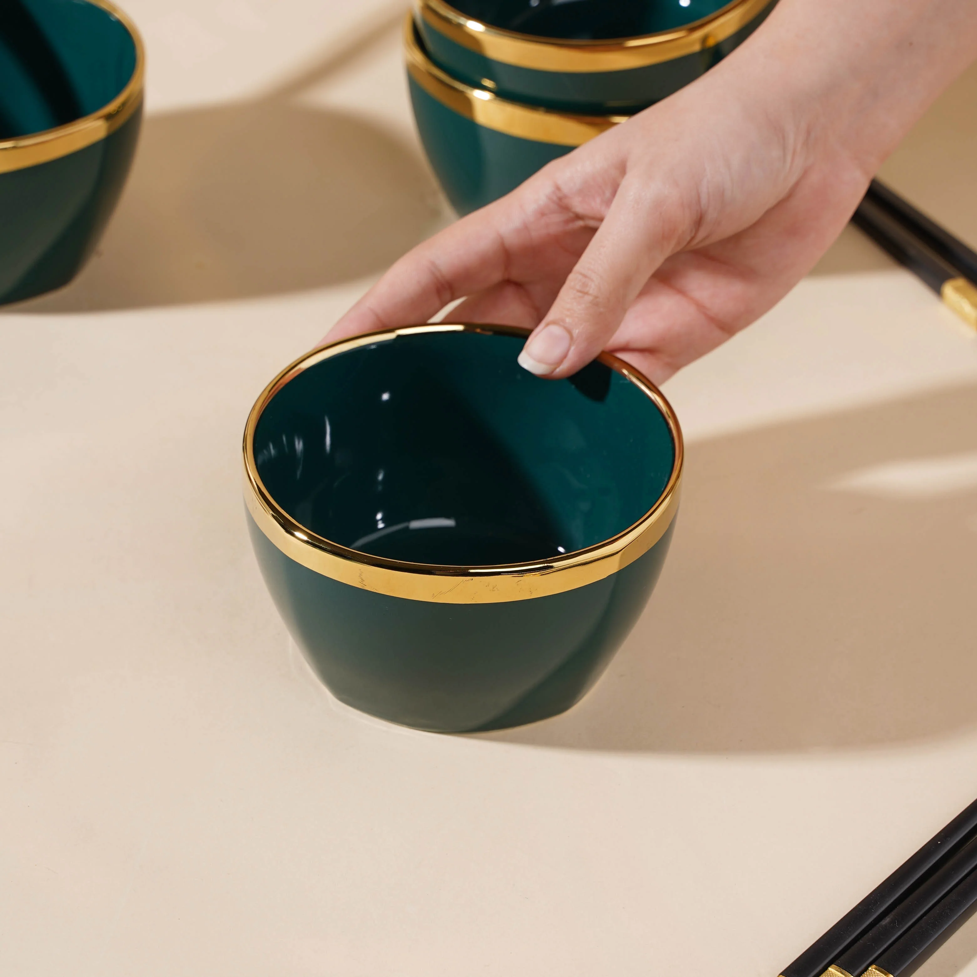 Emerald Snack Bowl Set Of 4 With Chopsticks And Soup Spoons - Image 2