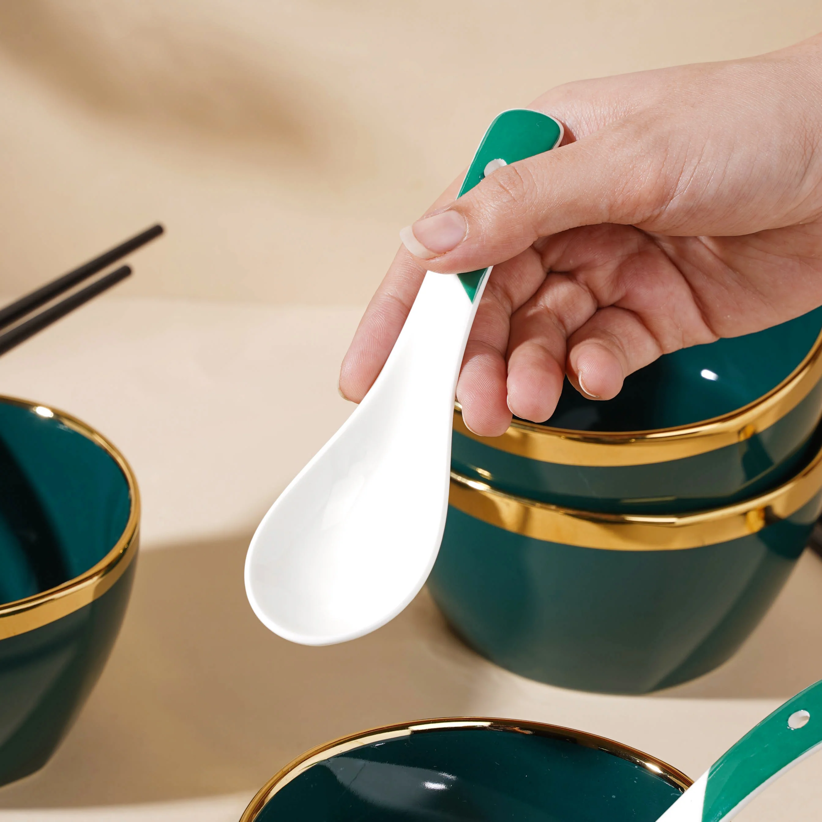 Emerald Snack Bowl Set Of 4 With Chopsticks And Soup Spoons - Image 6