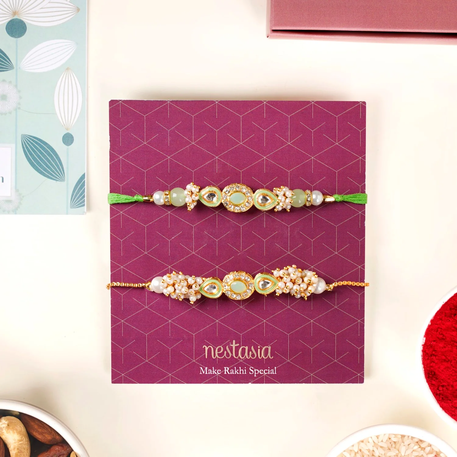 Elegant Green Kundan Rakhi Hamper For Bhaiya Bhabhi - Image 8