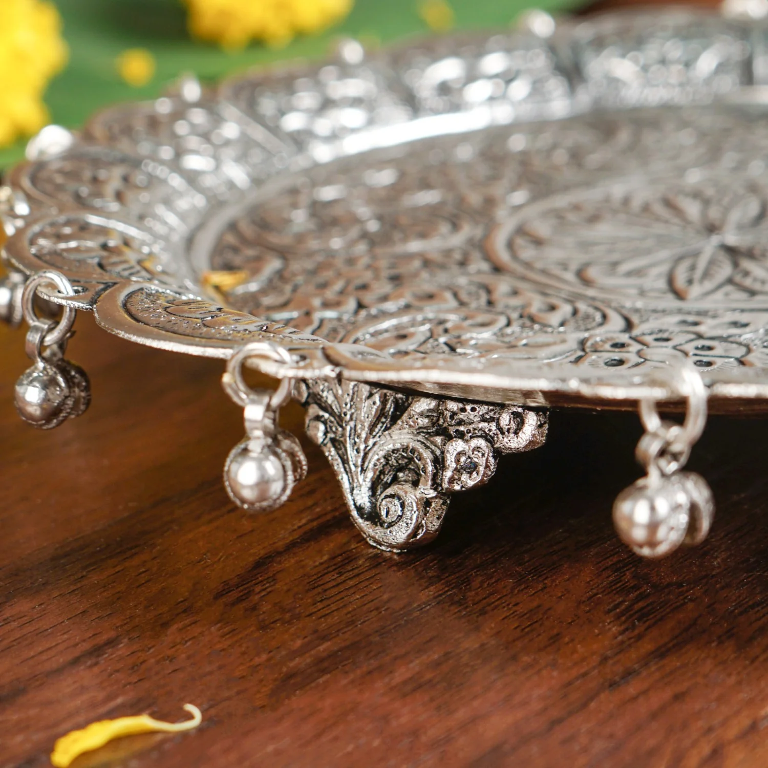 Embossed Brass Flower Pooja Thali And Kalash Set - Image 7