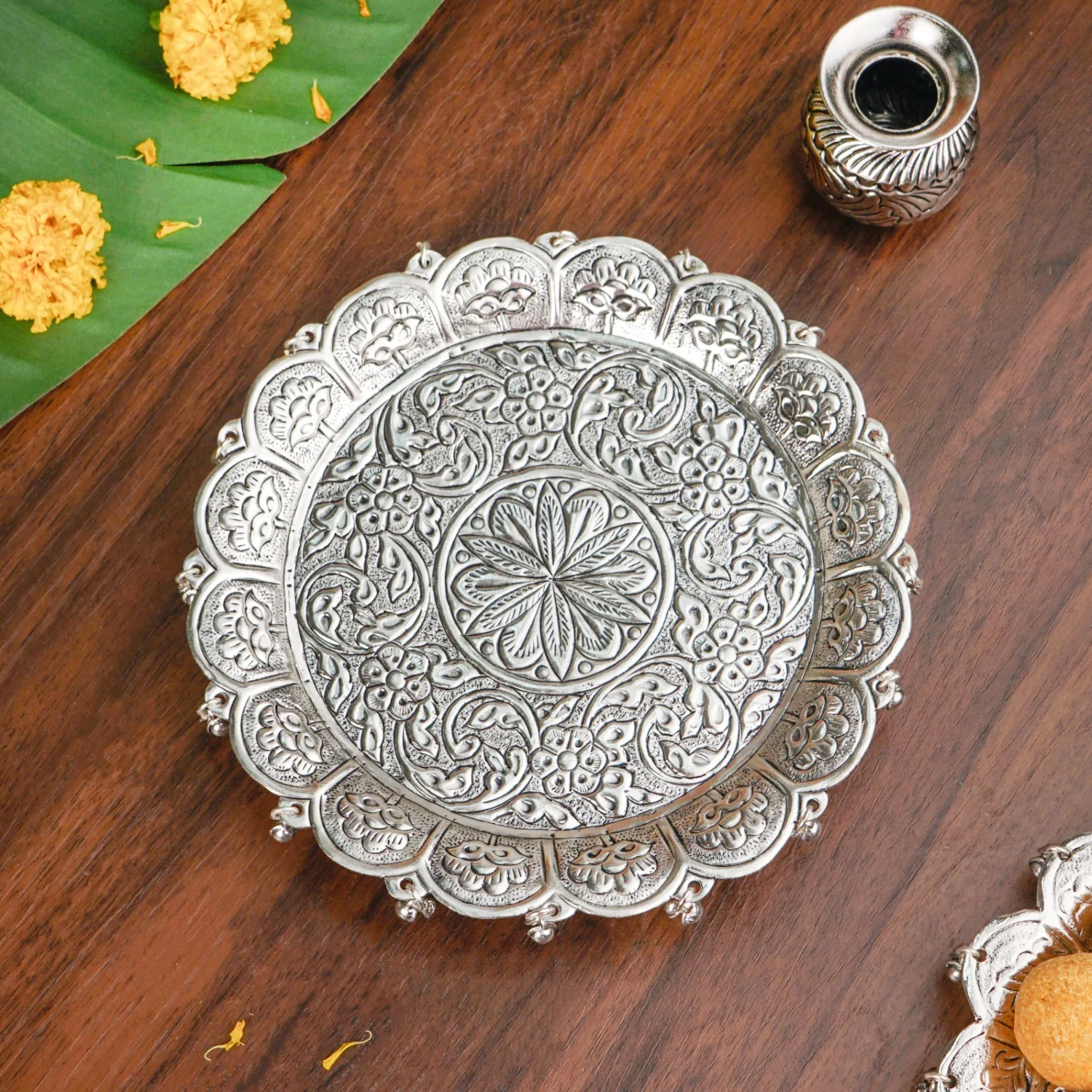 Embossed Brass Flower Pooja Thali And Kalash Set - Image 8