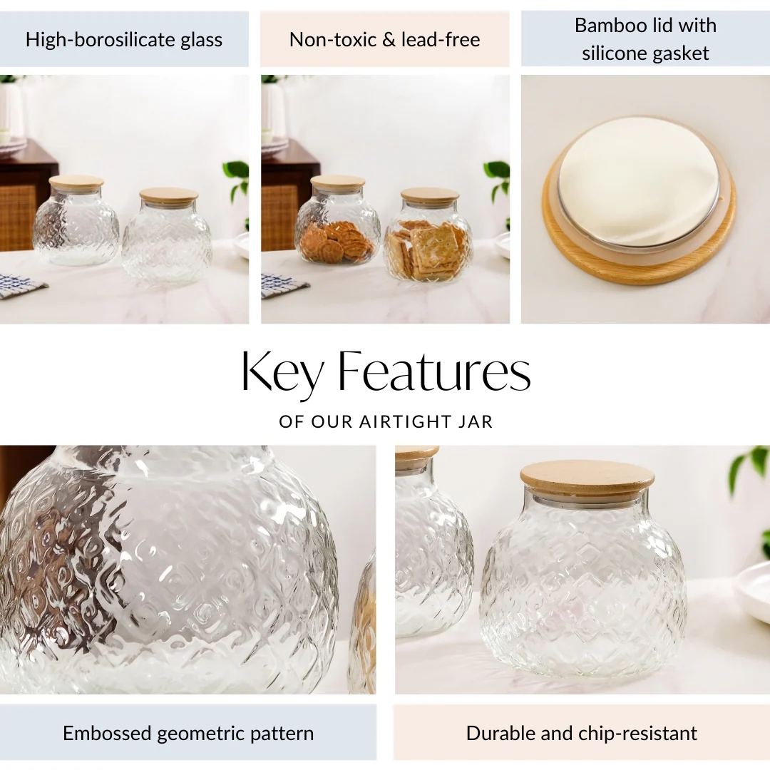 Embossed Glass Jar With Bamboo Lid Set Of 2 1200ml - Image 5