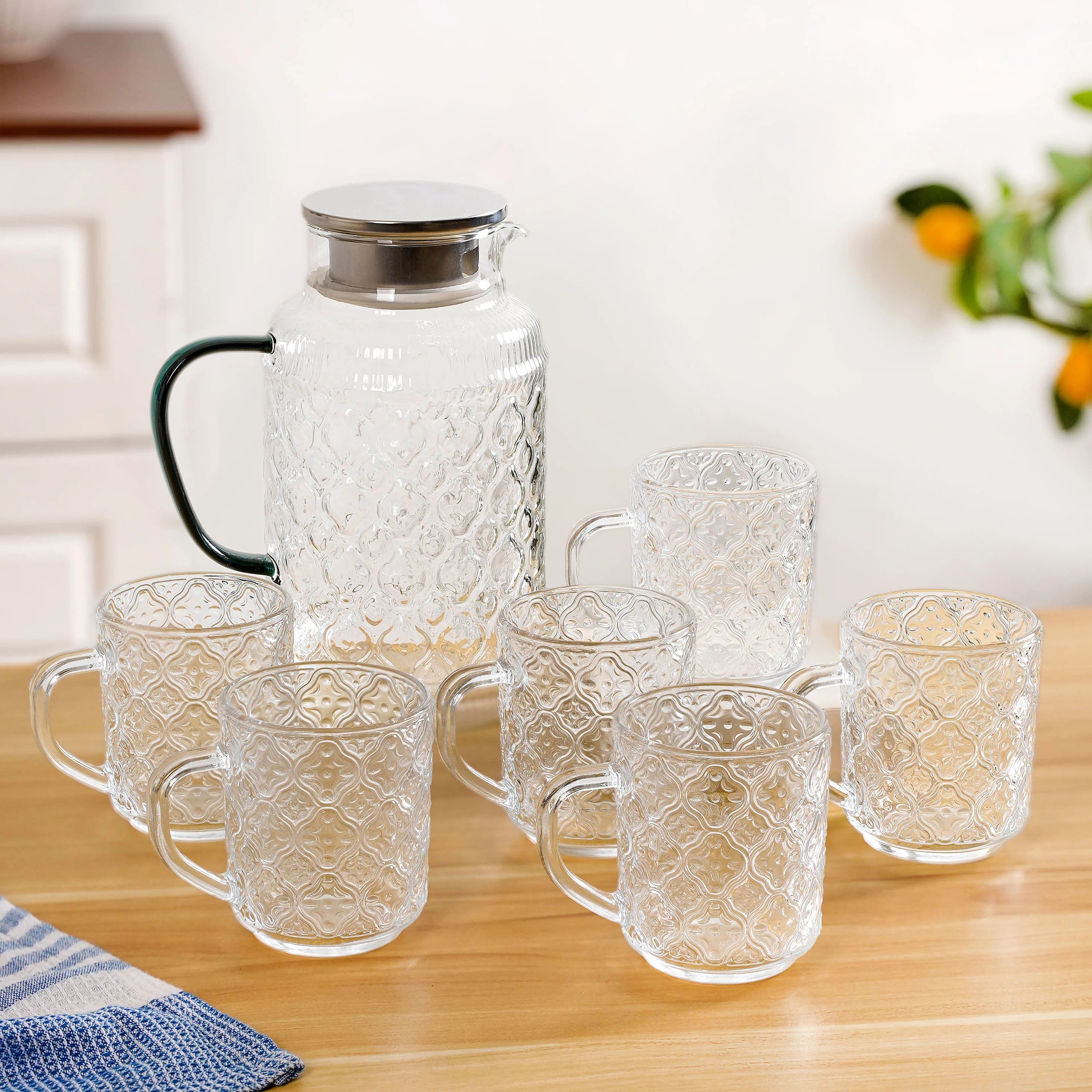 Embossed Glass Pitcher And Mug Set Of 7 - Image 8