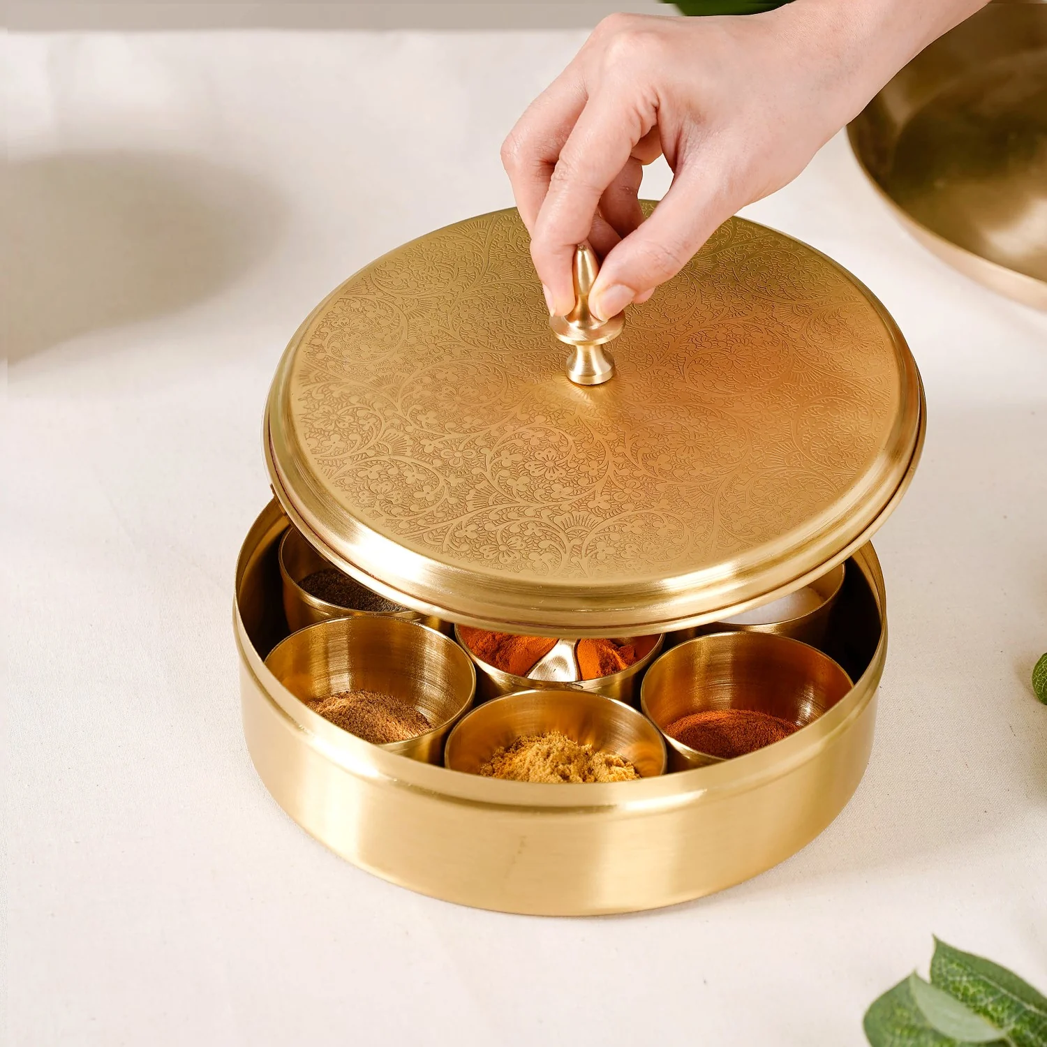 Embossed Pure Brass Airtight Masala Box Set With Gift Box - Image 3