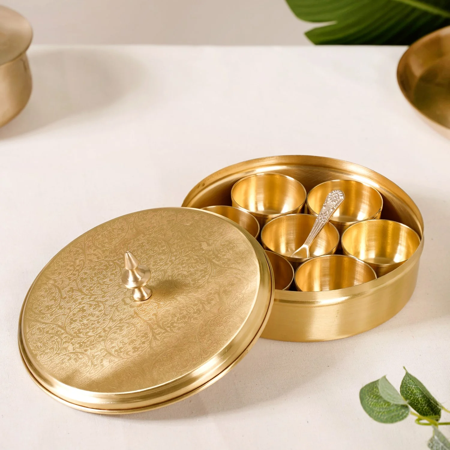 Embossed Pure Brass Airtight Masala Box Set With Gift Box - Image 4