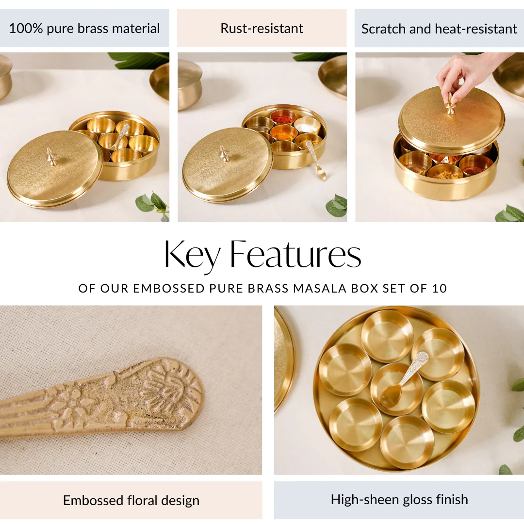 Embossed Pure Brass Airtight Masala Box Set With Gift Box - Image 6