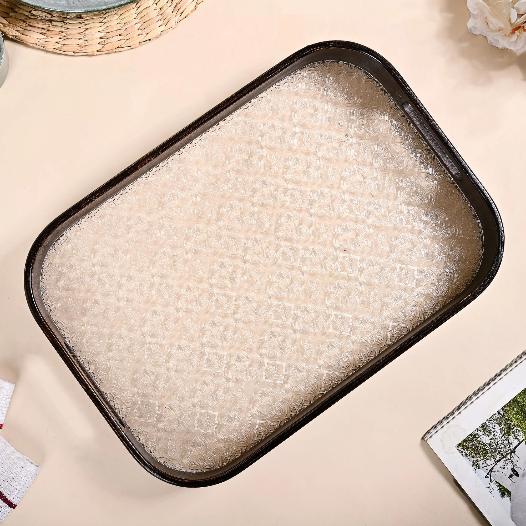 Embossed Serving Tray With Bamboo Wood Frame - Image 3