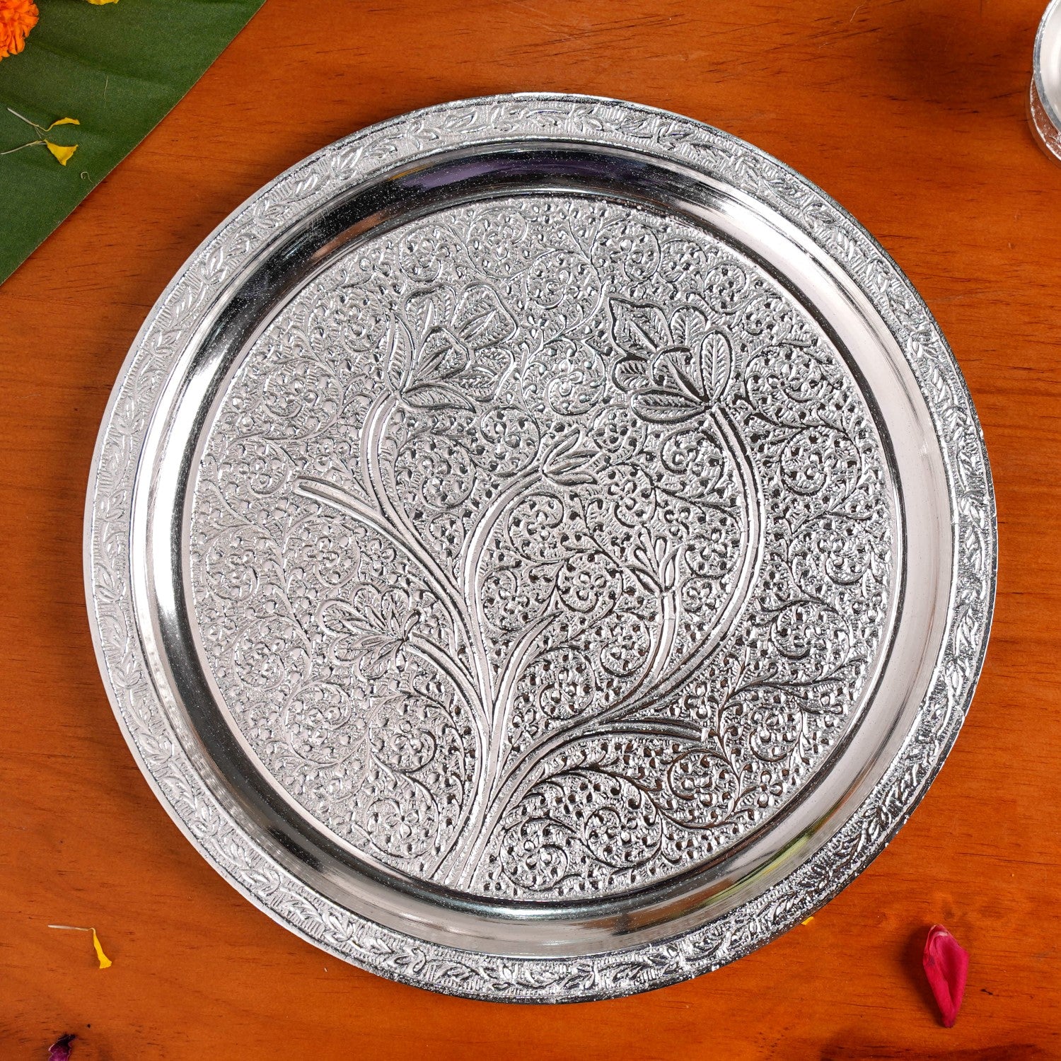 Embossed Silver Pooja Thali Set Of 7 With Kalash Spoon Bowl Bell Diya - Image 6