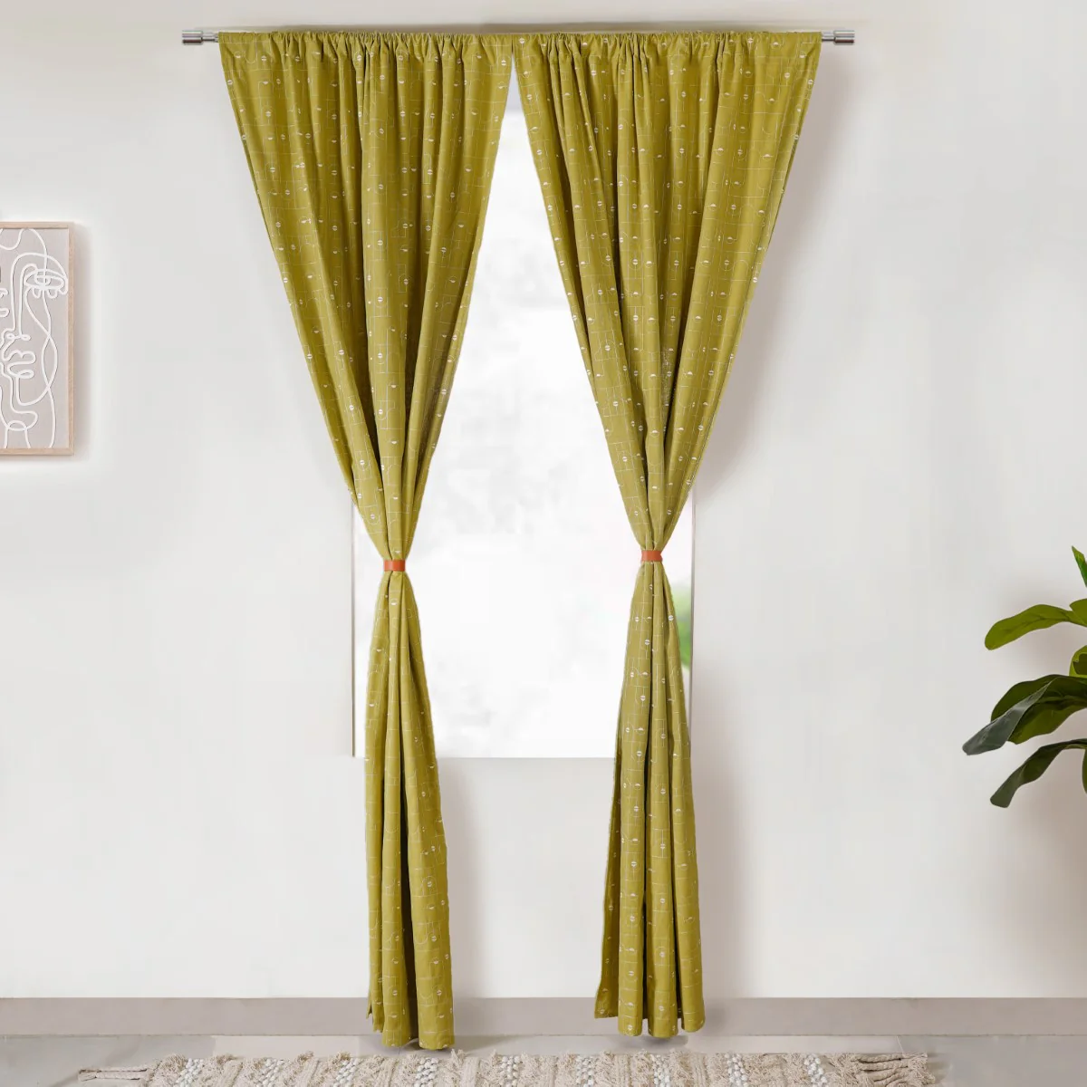 Embroidered Linen Cotton Curtain Set Of 2 Olive Green 108x54 Inch - Image 6