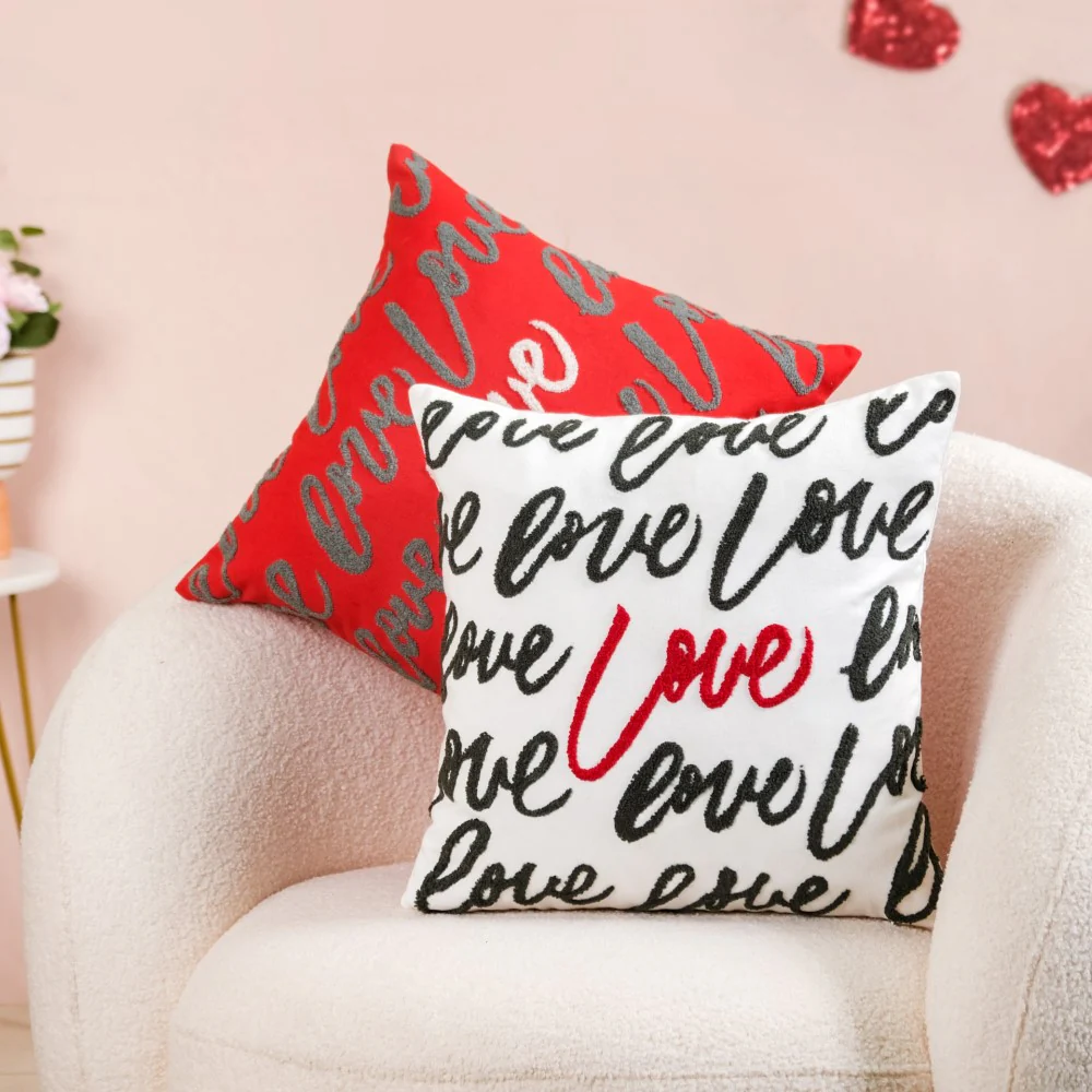 Embroidered Love Cushion Cover Set Of 2 Red White 16x16 Inch