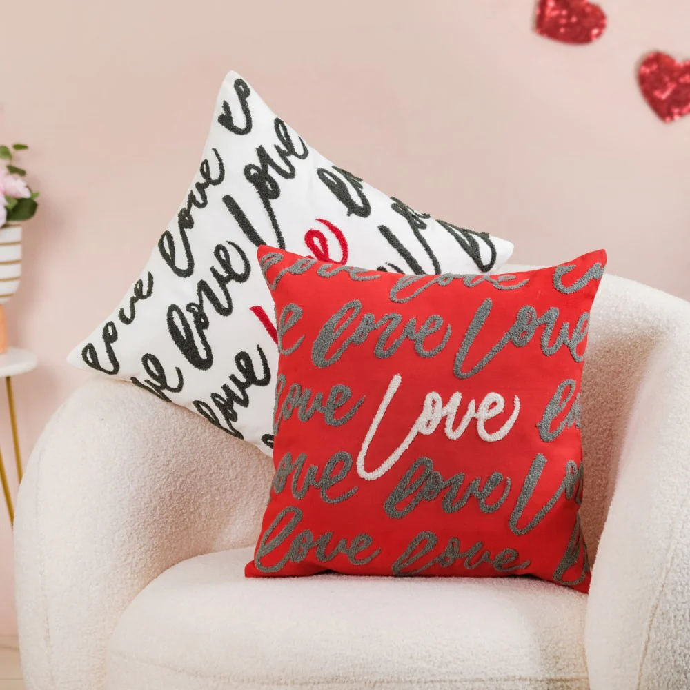 Embroidered Love Cushion Cover Set Of 2 Red White 16x16 Inch - Image 2