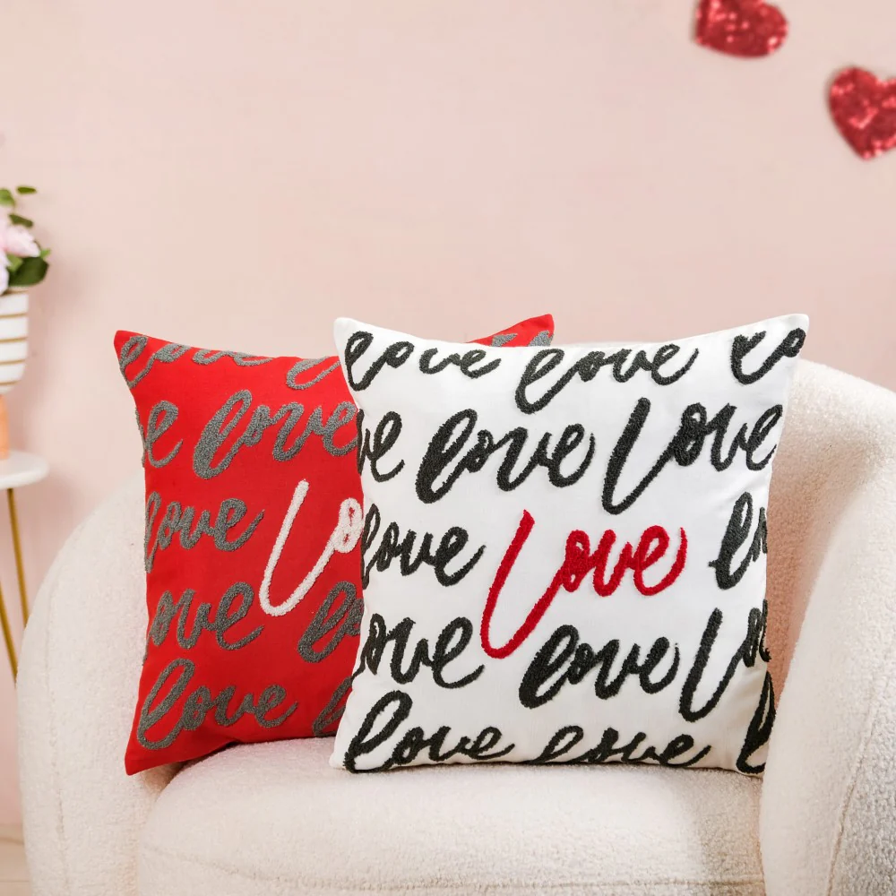Embroidered Love Cushion Cover Set Of 2 Red White 16x16 Inch - Image 3