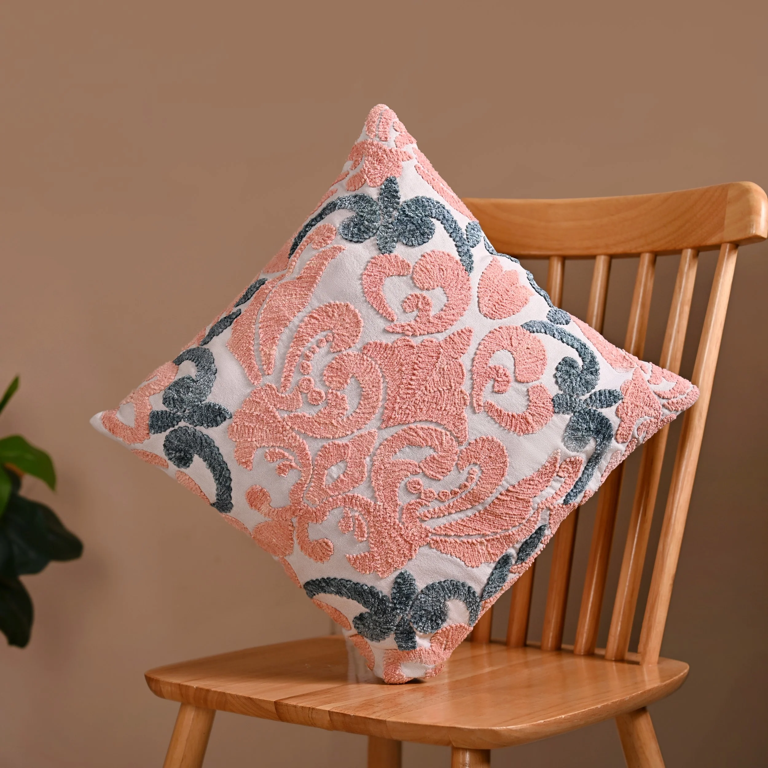 Embroidered Peach Teal Cushion Cover 40x40 cm - Image 2