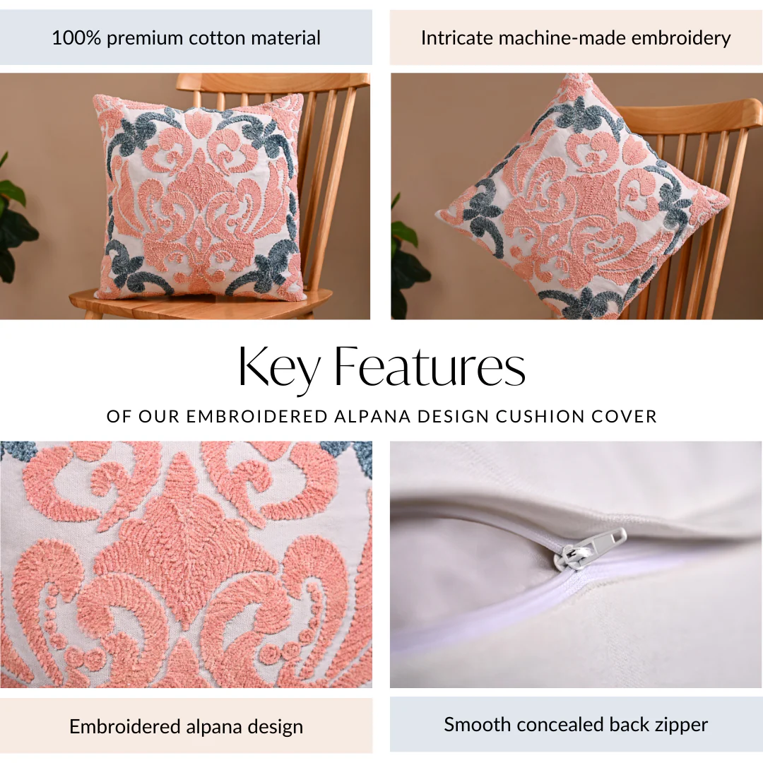 Embroidered Peach Teal Cushion Cover 40x40 cm - Image 5
