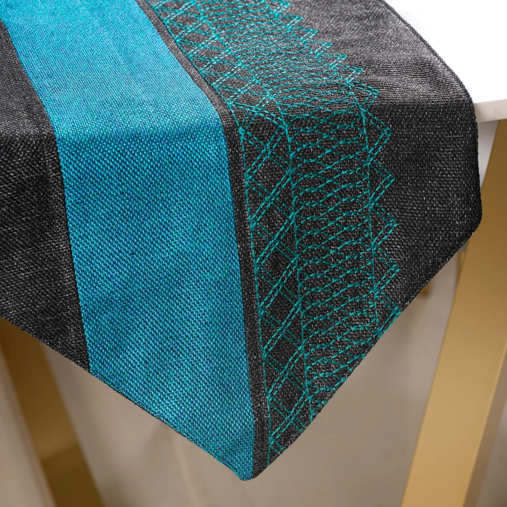 Embroidered Two Colour Jute Table Runner Blue Black 72 Inch - Image 5