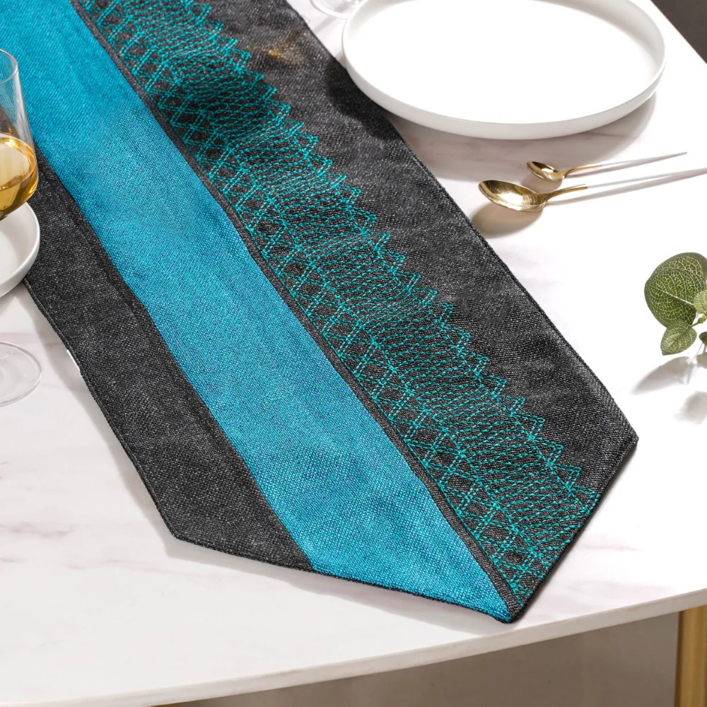 Embroidered Two Colour Jute Table Runner Blue Black 72 Inch - Image 7