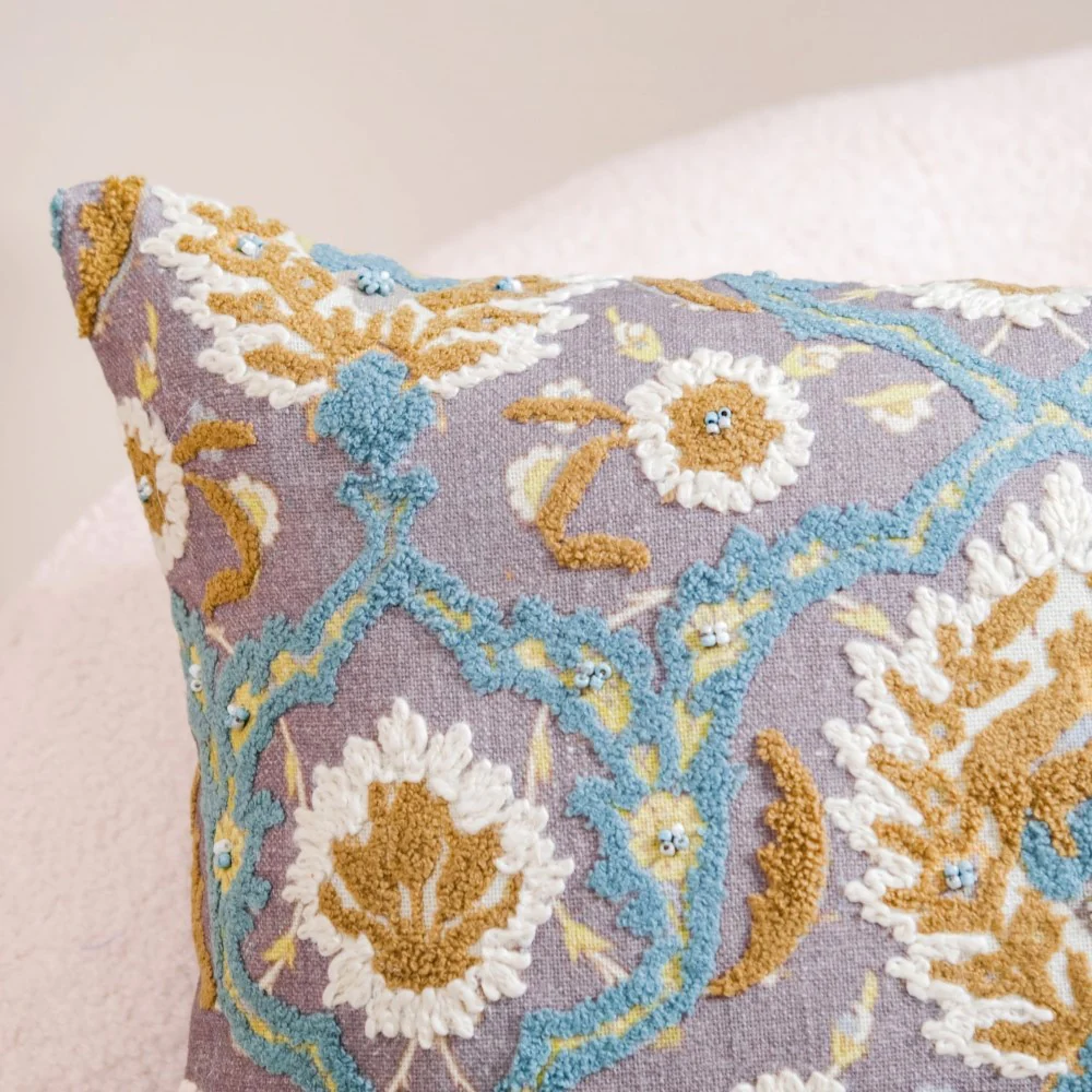 Embroidery on Print Vintage Cushion Cover 20x14 Inch - Image 3