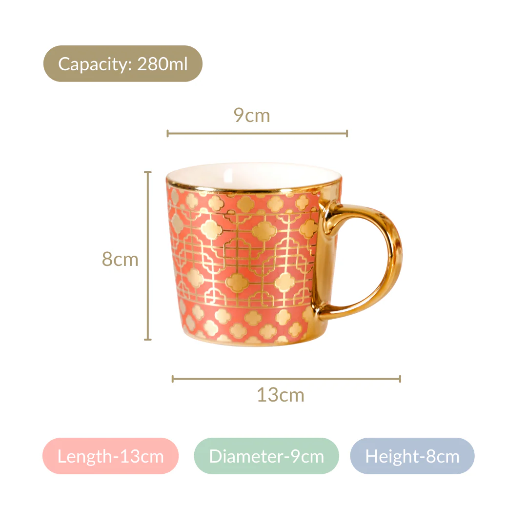 Emirati Gold Teacup Set of 6 Coral Pink 280ml - Image 4