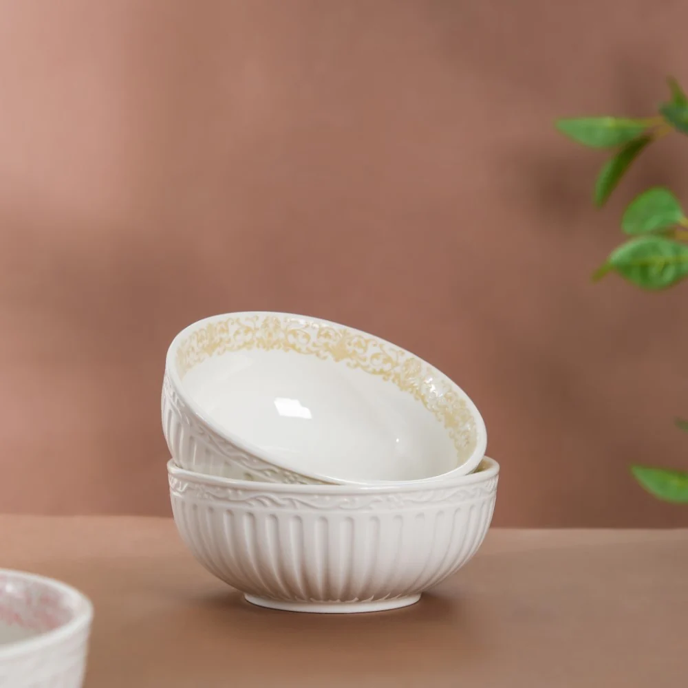Engraved Rim Ceramic Snack Bowl Yellow Set Of 2 - Image 11