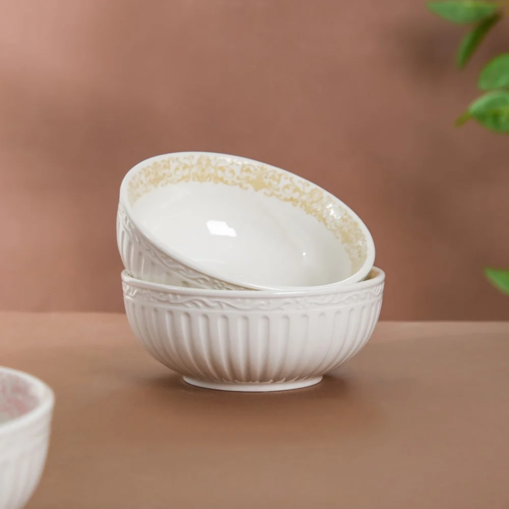 Engraved Rim Ceramic Snack Bowl Yellow Set Of 2 - Image 3