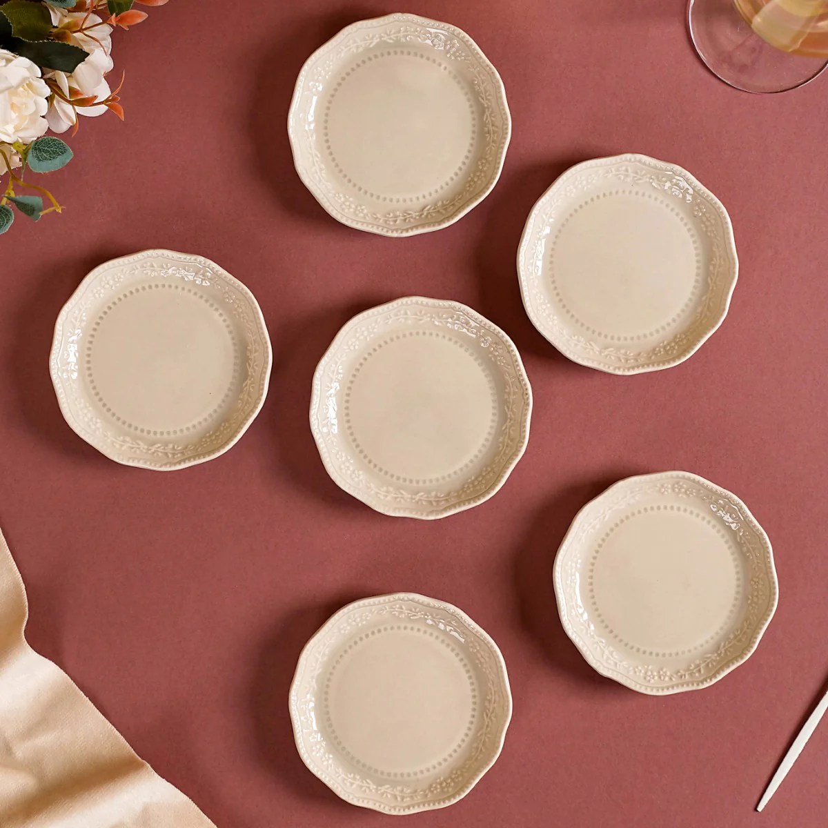 Era Embossed Small Dessert Plate Set Of 6 Beige 4.5" - Image 3