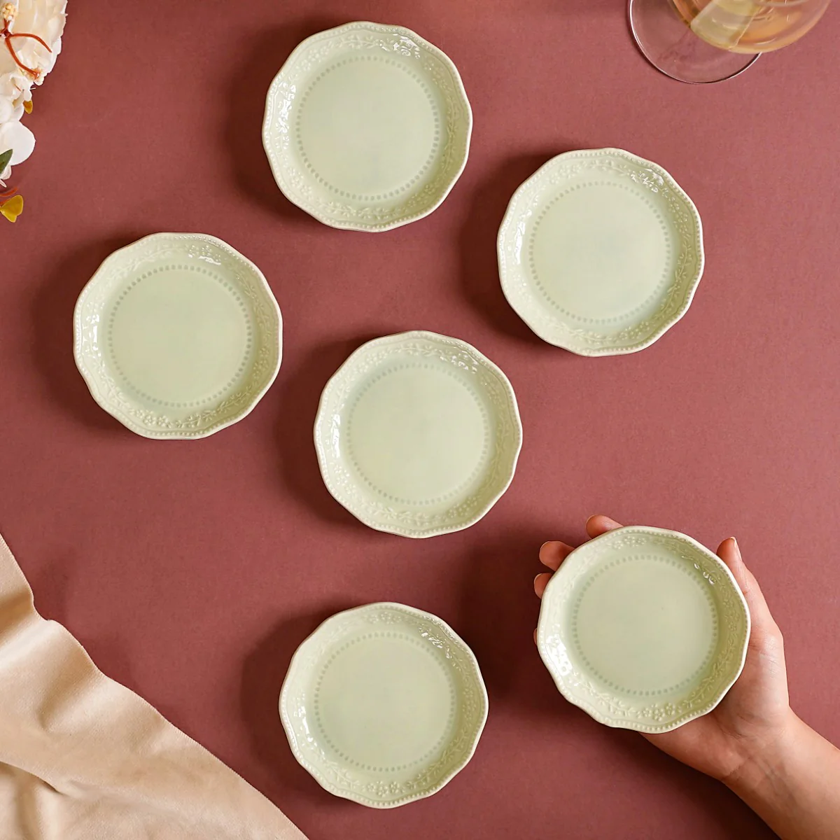 Era Embossed Small Dessert Plate Set Of 6 Light Green 4.5"