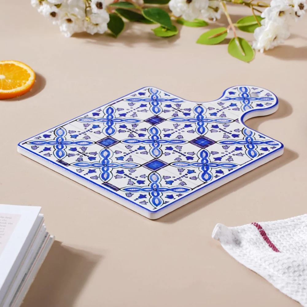 European Blue Ceramic Platter With Handle 9 Inch - Image 3
