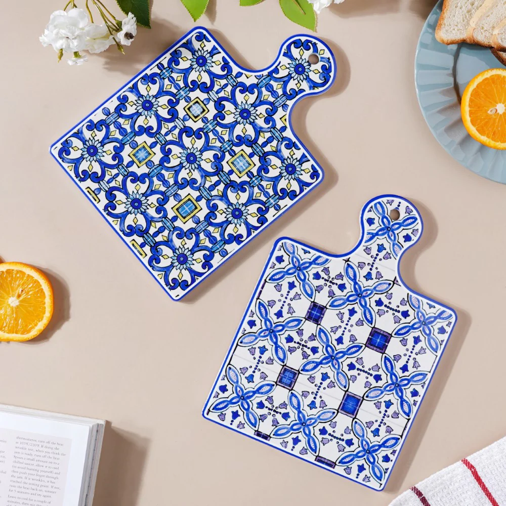 European Blue Ceramic Platter With Handle 9 Inch - Image 7