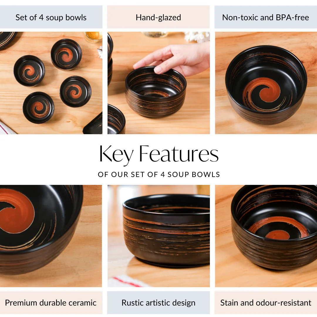 Exotic Ceramic Soup Bowls Black Set Of 4 400ml - Image 4