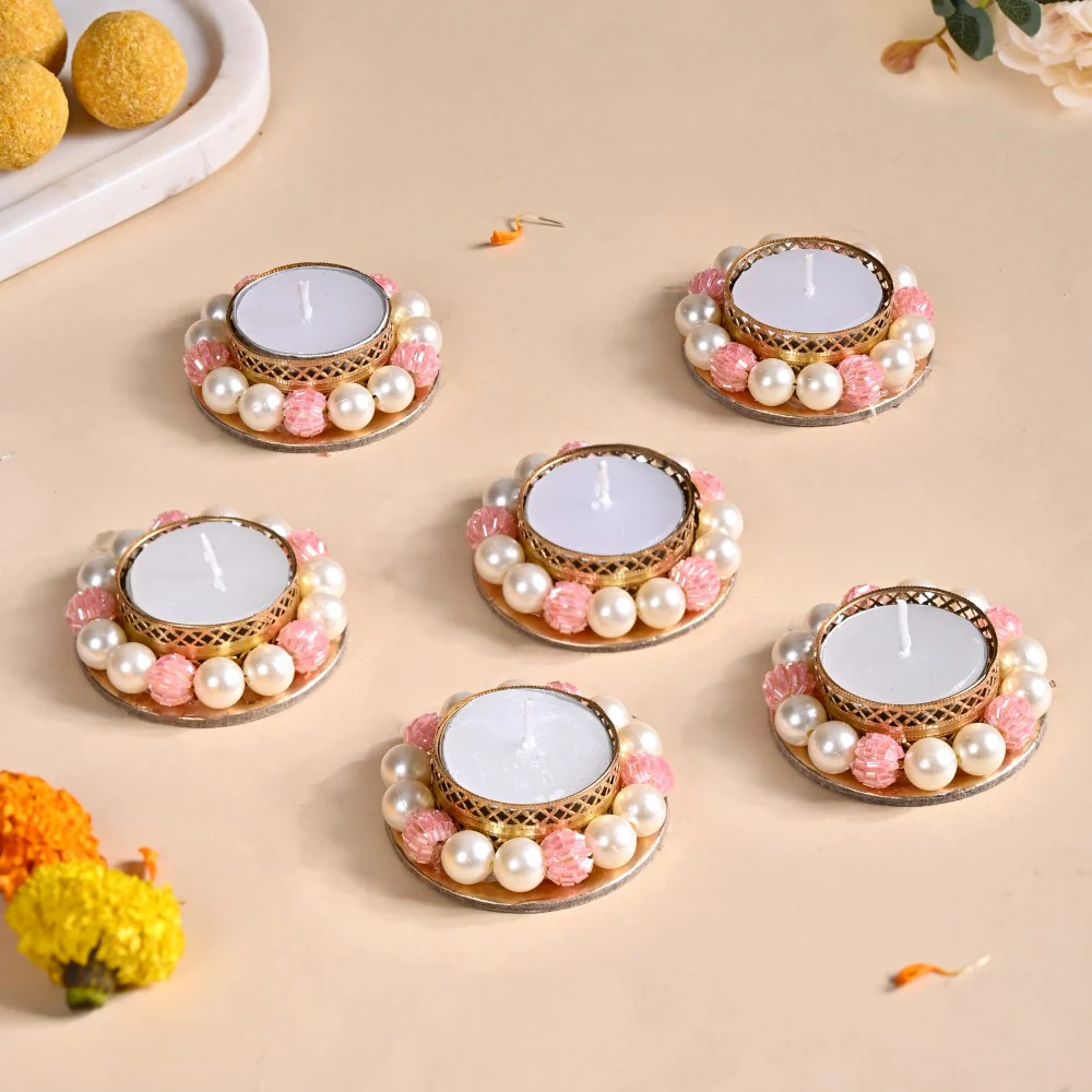 Faux Pearl Bordered Candle Holders With Pink Beads Set Of 6 - Image 9
