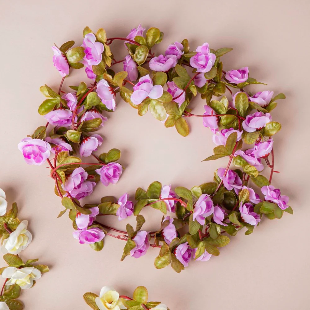 Faux Roses And Leaves Vine Purple
