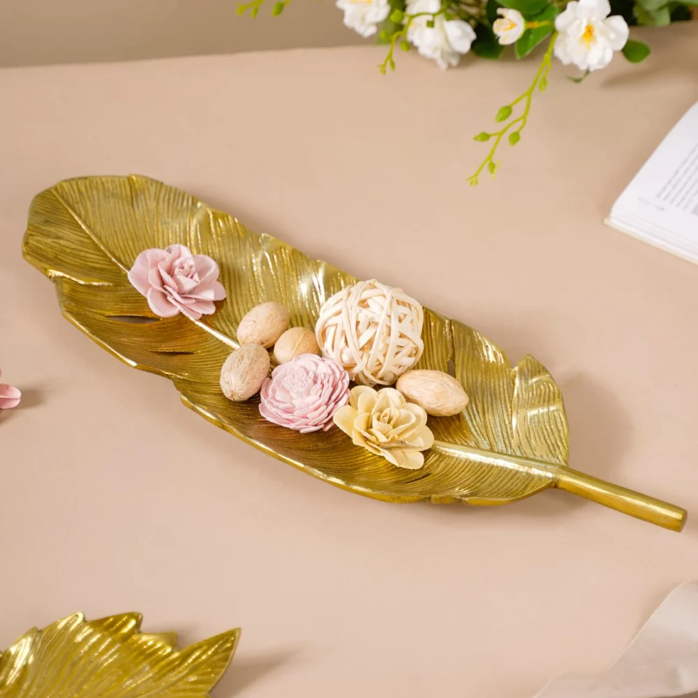Feather Decorative Platter Tray Gold 18 Inch