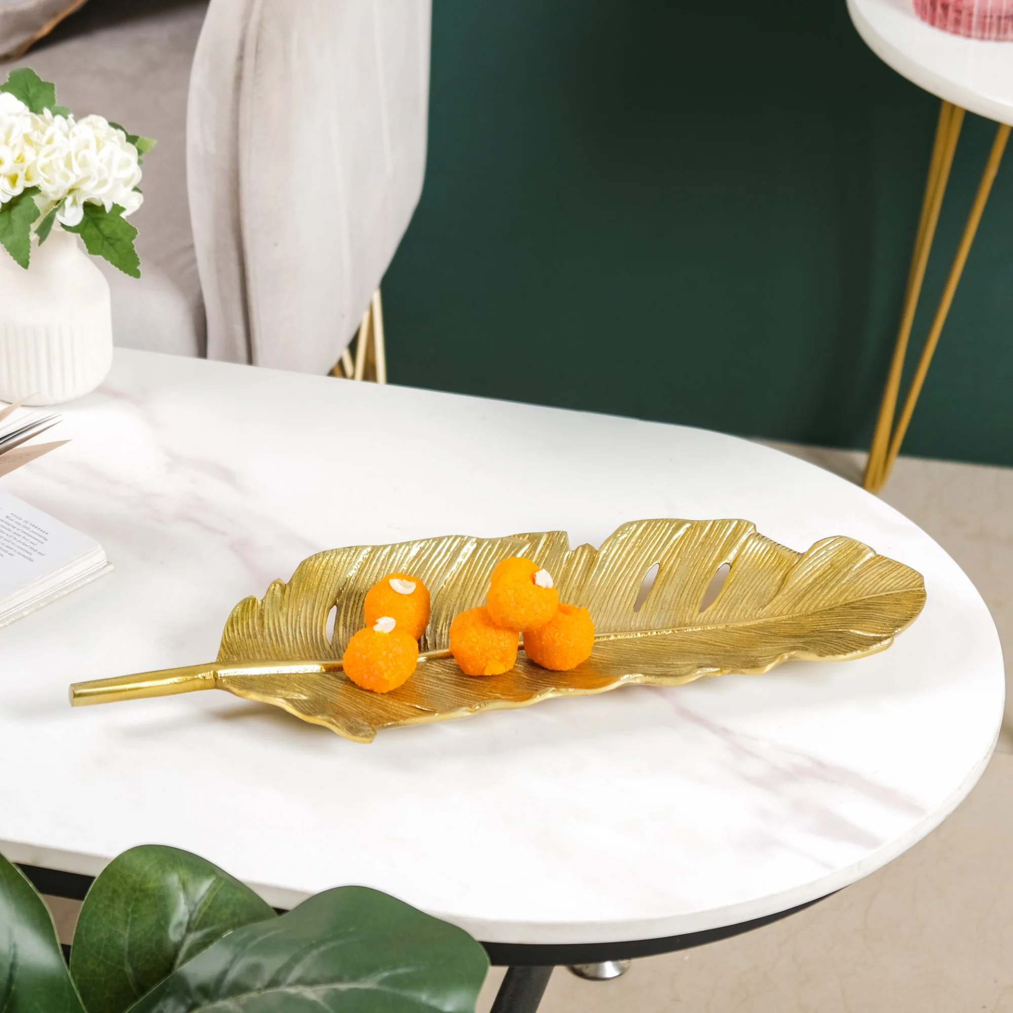 Feather Decorative Platter Tray Gold 18 Inch - Image 7