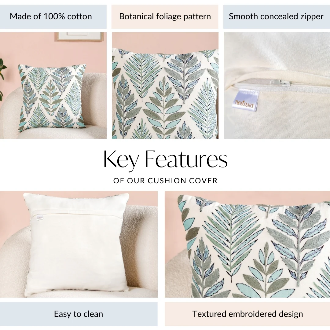 Fern Embroidered Cotton Cushion Cover 50x50cm - Image 4