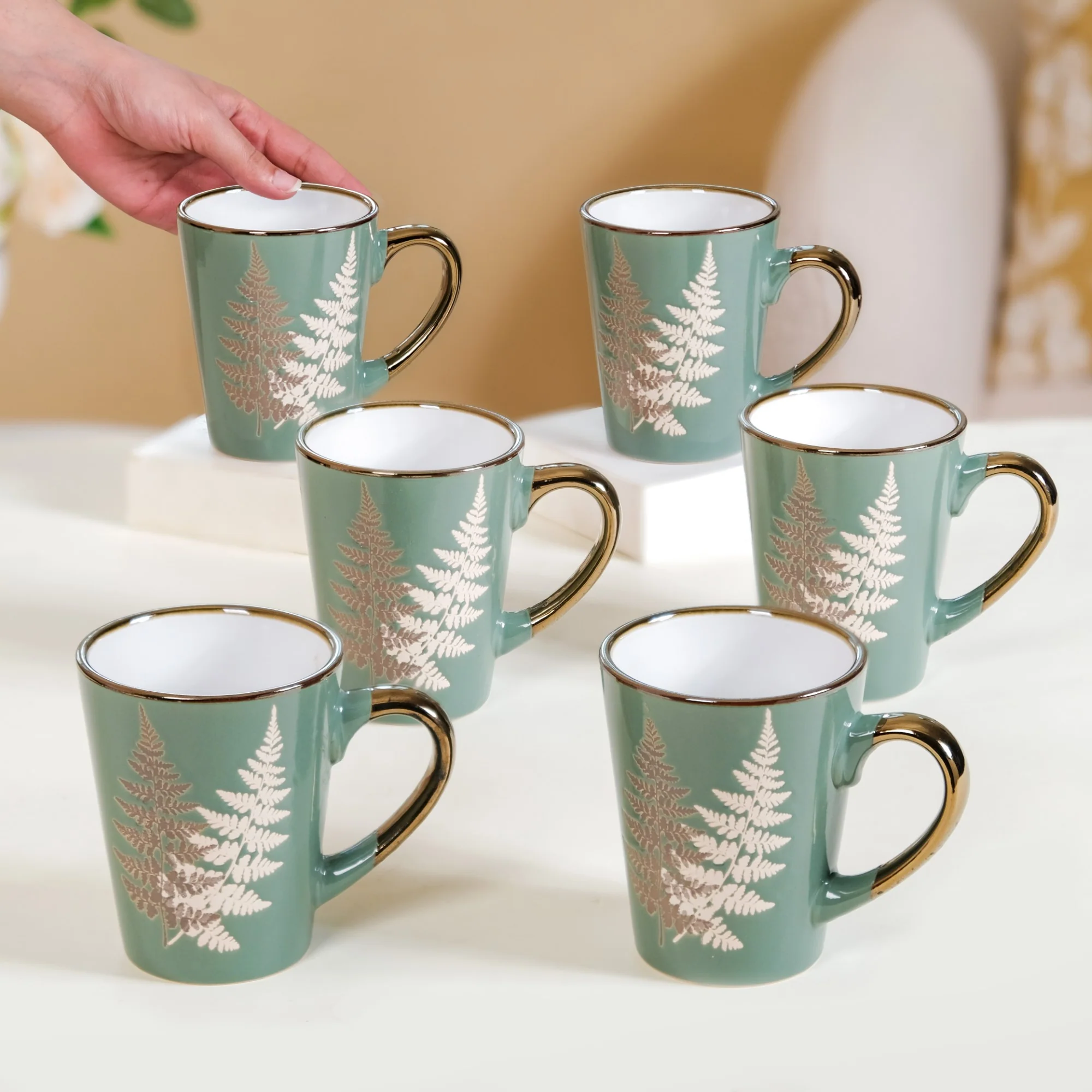 Fern Leaves Coffee Mug Set Of 6 Sage Green 350ml - Image 2