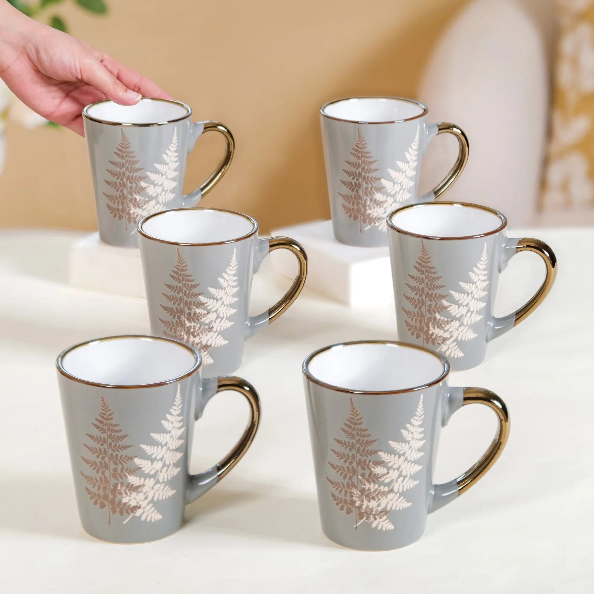 Fern Leaves Design Ceramic Mug Set Of 6 Grey 350ml - Image 2