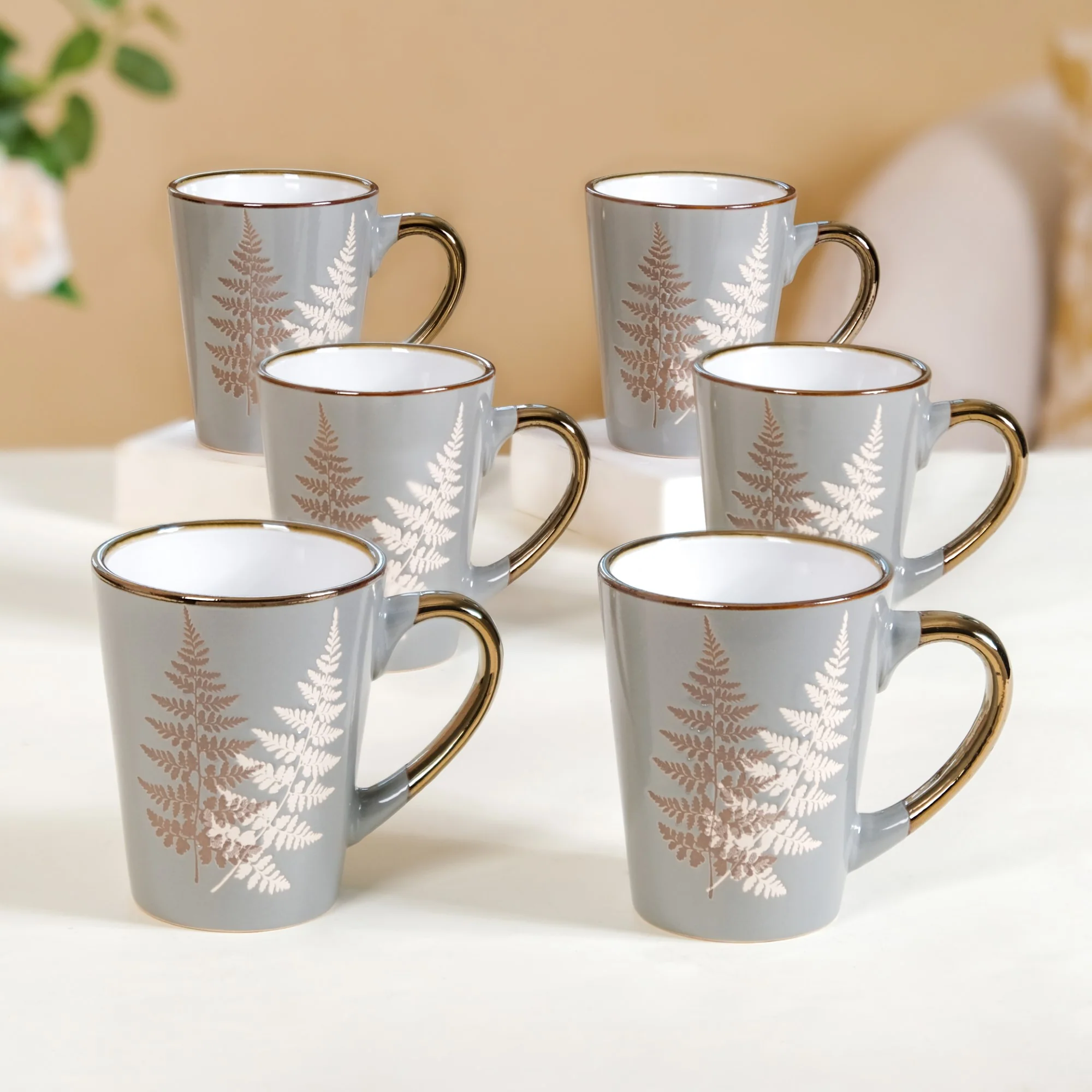 Fern Leaves Design Ceramic Mug Set Of 6 Grey 350ml - Image 3
