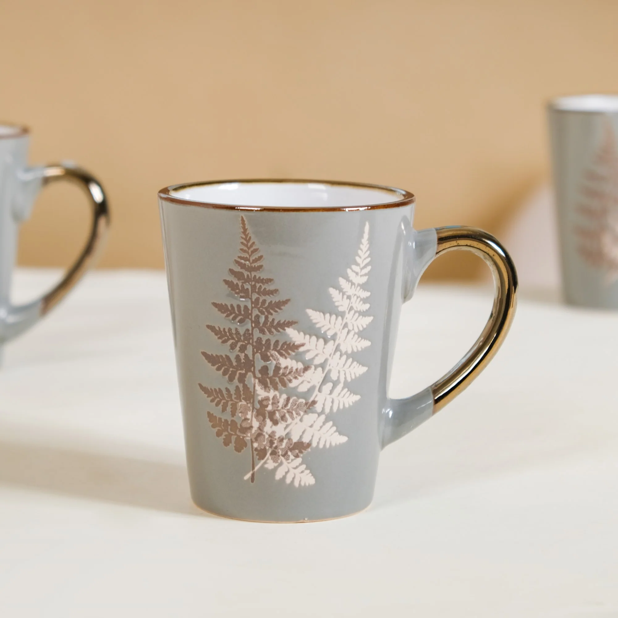Fern Leaves Design Ceramic Mug Set Of 6 Grey 350ml - Image 8