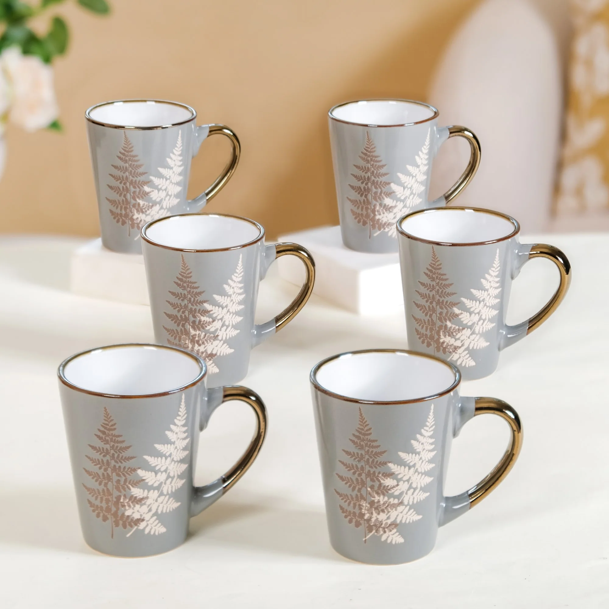 Fern Leaves Design Ceramic Mug Set Of 6 Grey 350ml - Image 9