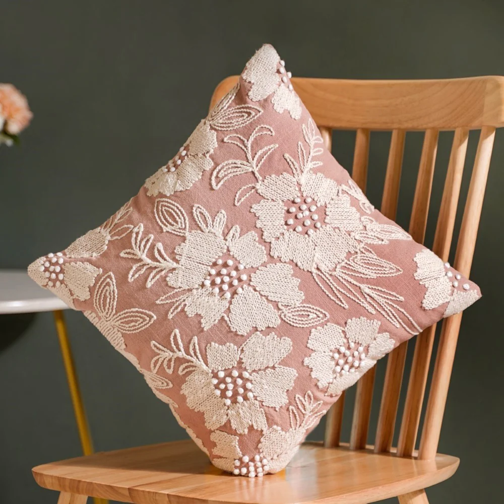 Fiore Embroidered Cushion Cover Pink 16x16 Inch - Image 3