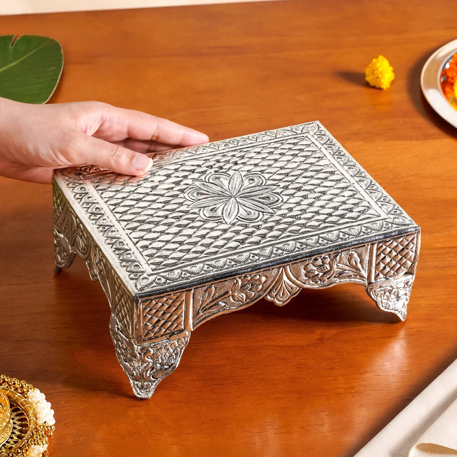 Flora Chowki Brass With Pure Silver Polish 20x15cm - Image 3