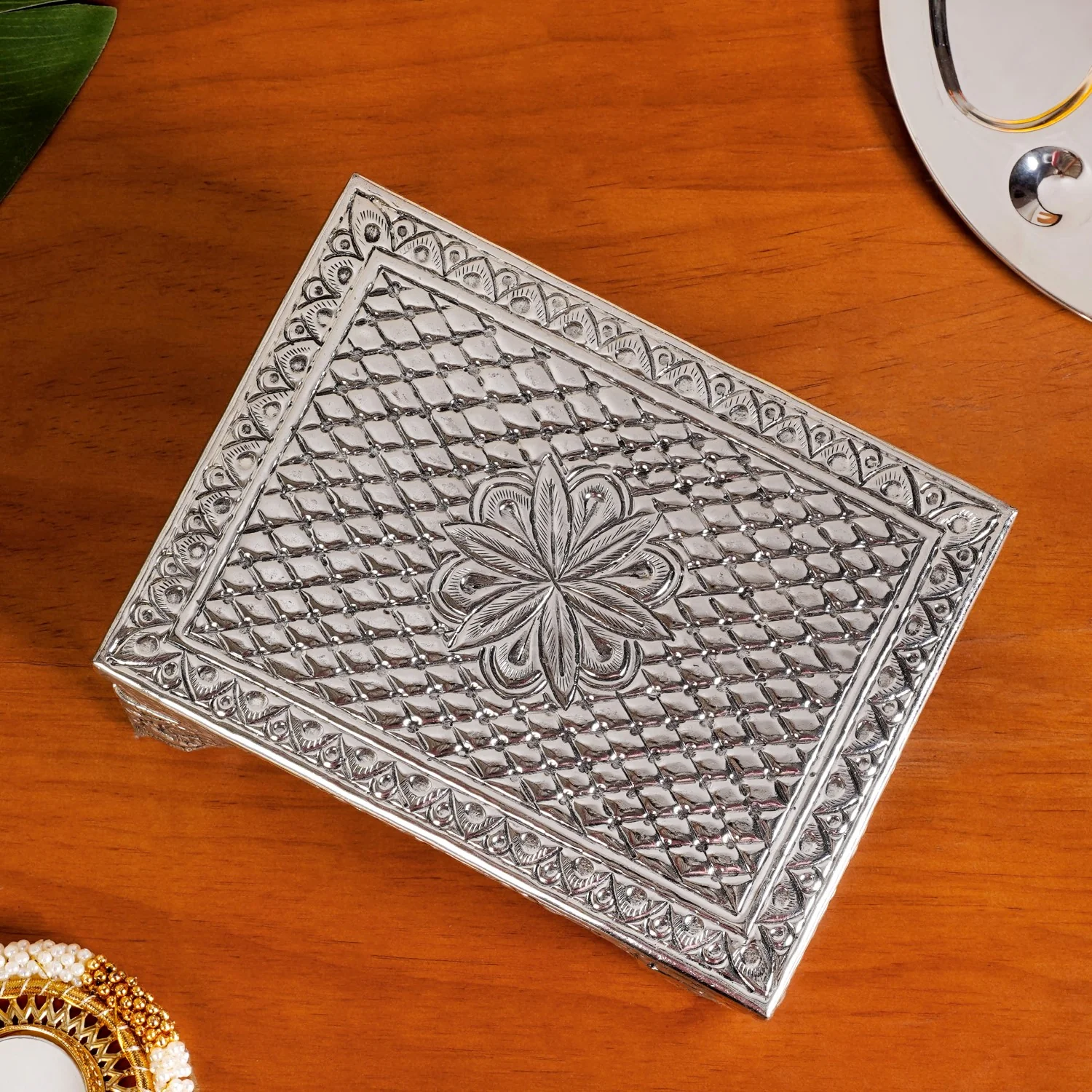 Flora Chowki Brass With Pure Silver Polish 20x15cm - Image 6