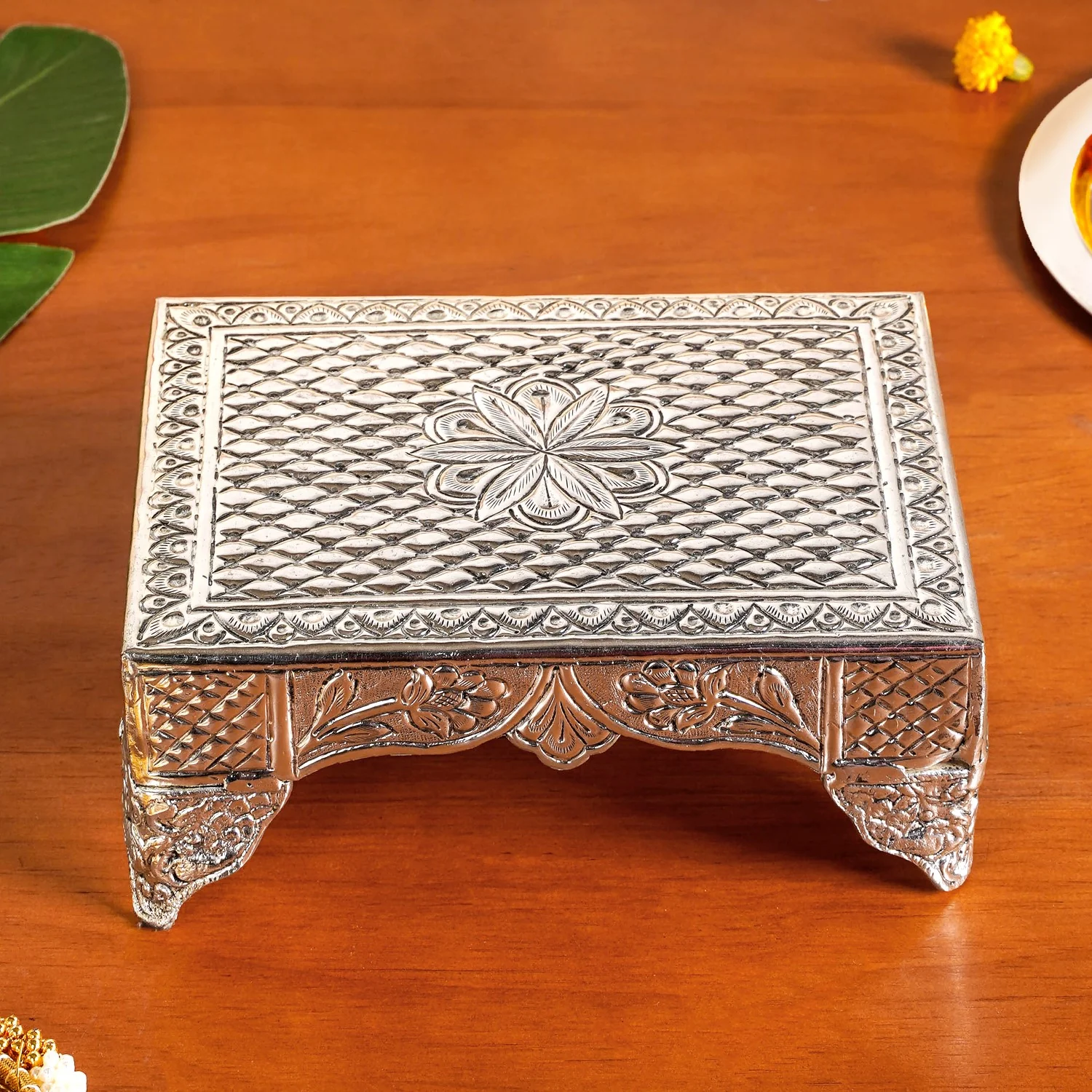 Flora Chowki Brass With Pure Silver Polish 20x15cm - Image 7