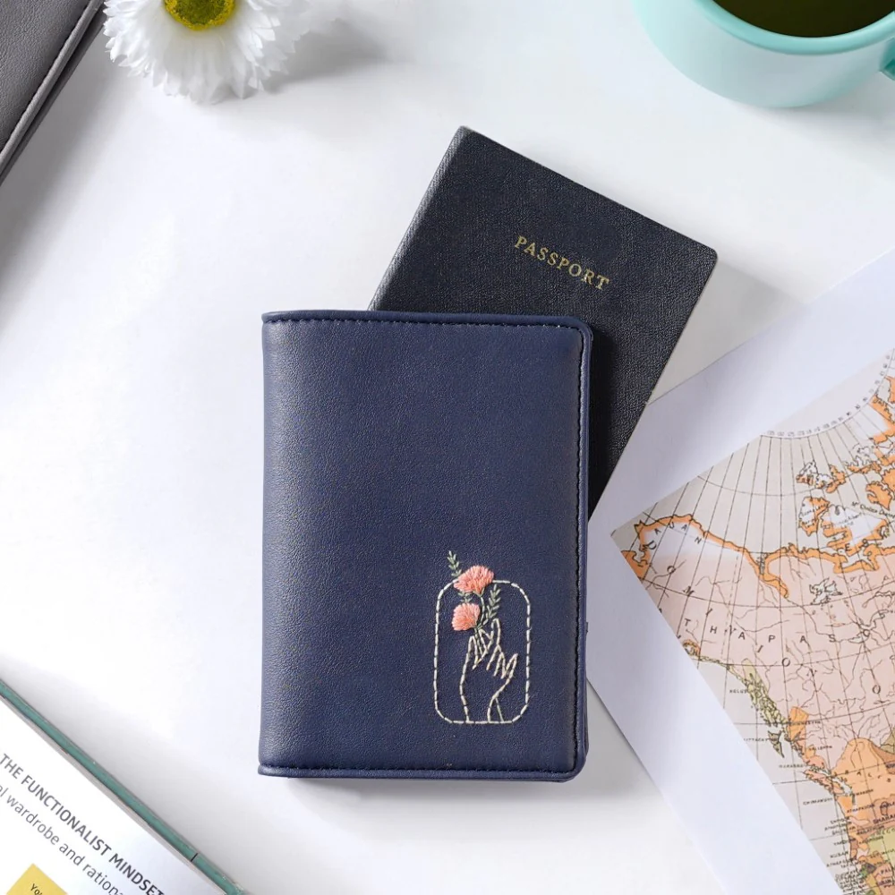 Floral Art Embroidered Passport Cover Navy Blue