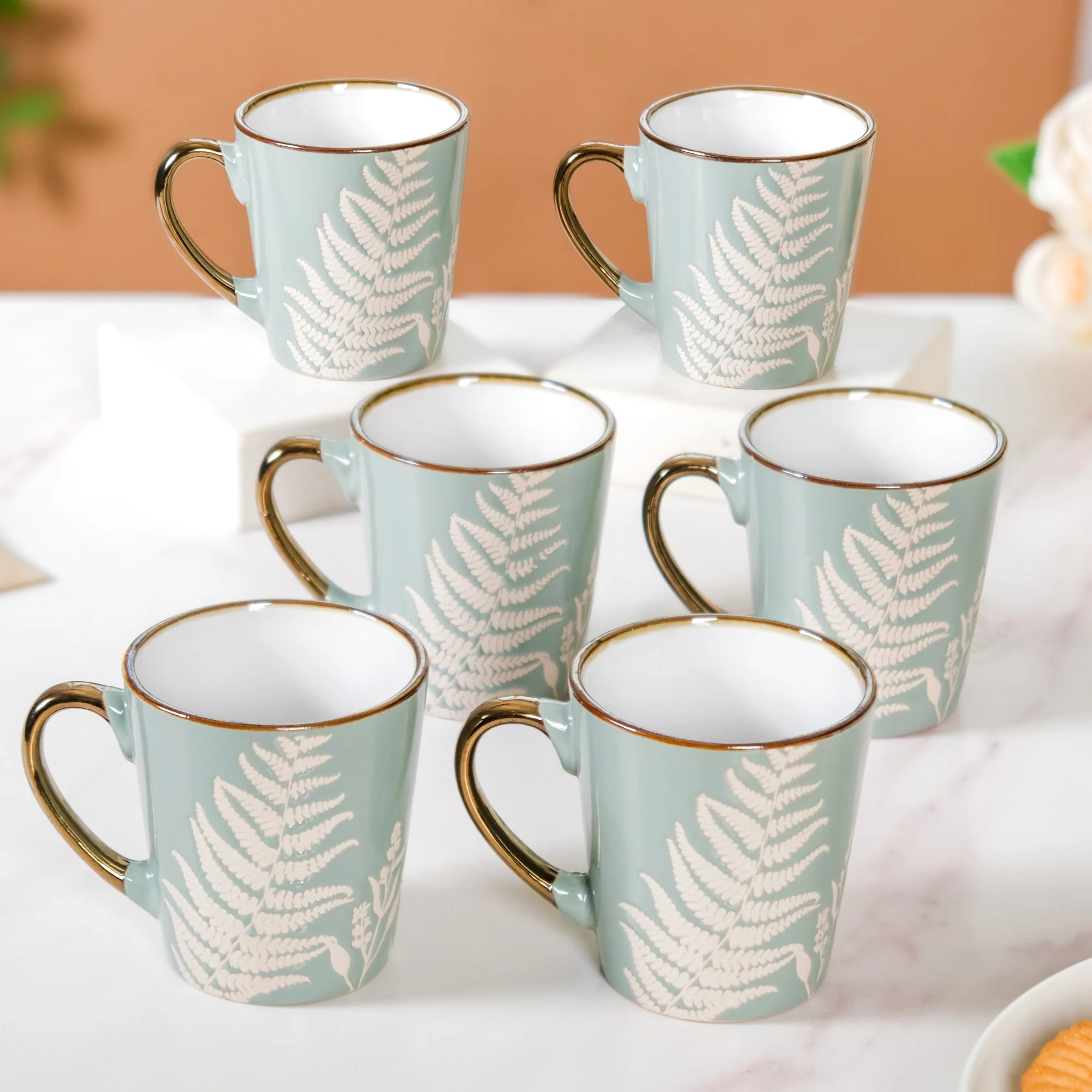 Floral Coffee Mug Set of 6 Sage Blue 200ml - Image 2